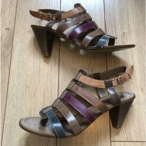 Women’s Bulle Multi coloured Leather straps adjustable slingback heels size 38